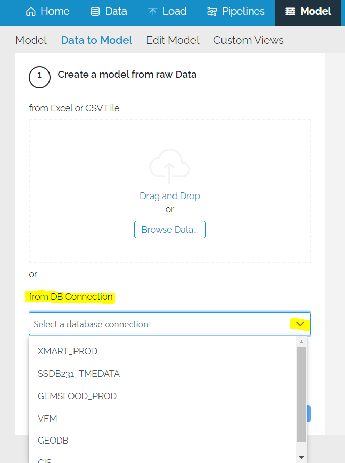 Image showing the Model menu option, the Data To Model menu option, the load screen for the Excel and the Next button